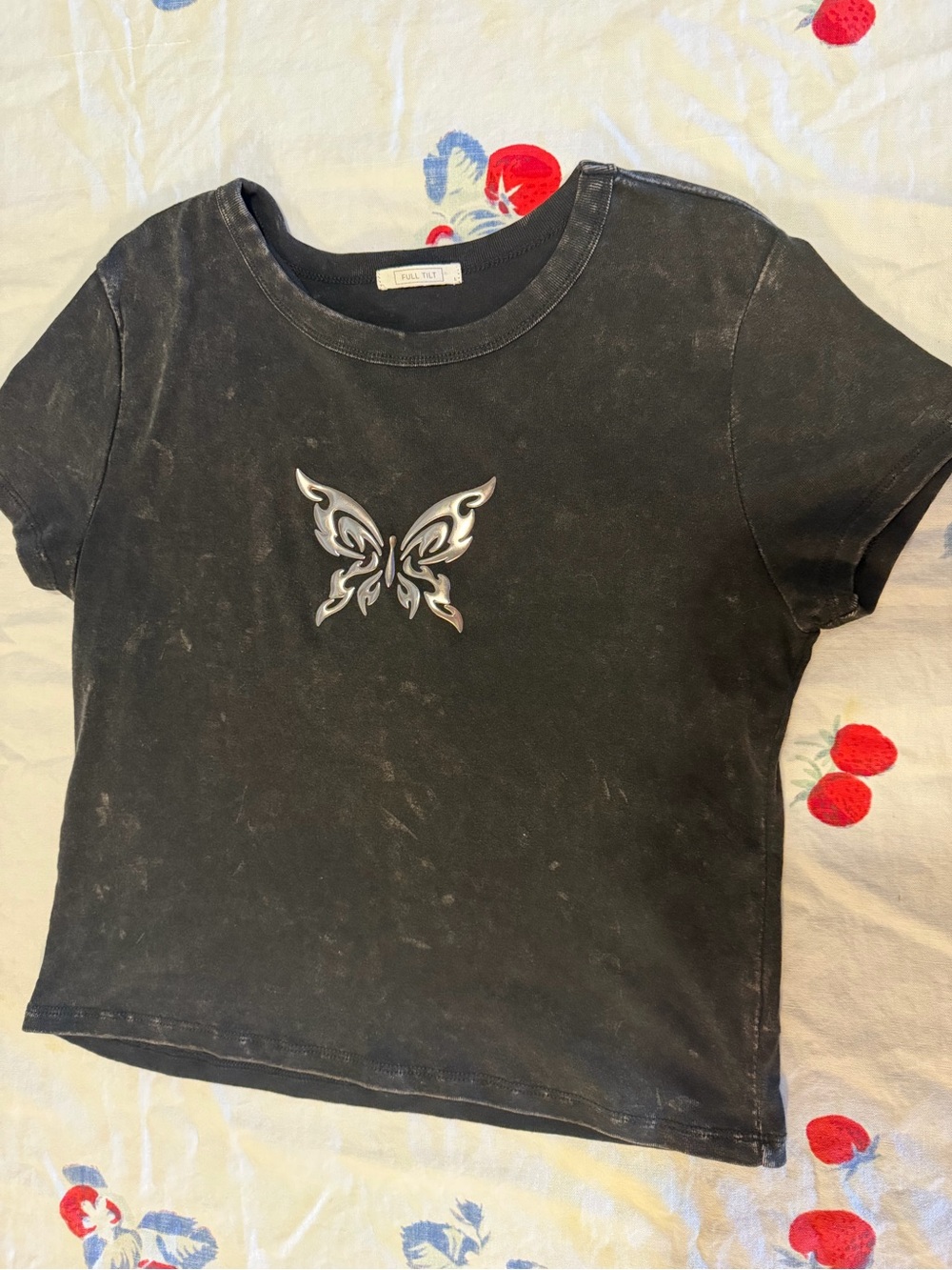 Full Tilt Black Short-Sleeve Tee with Silver Butterfly